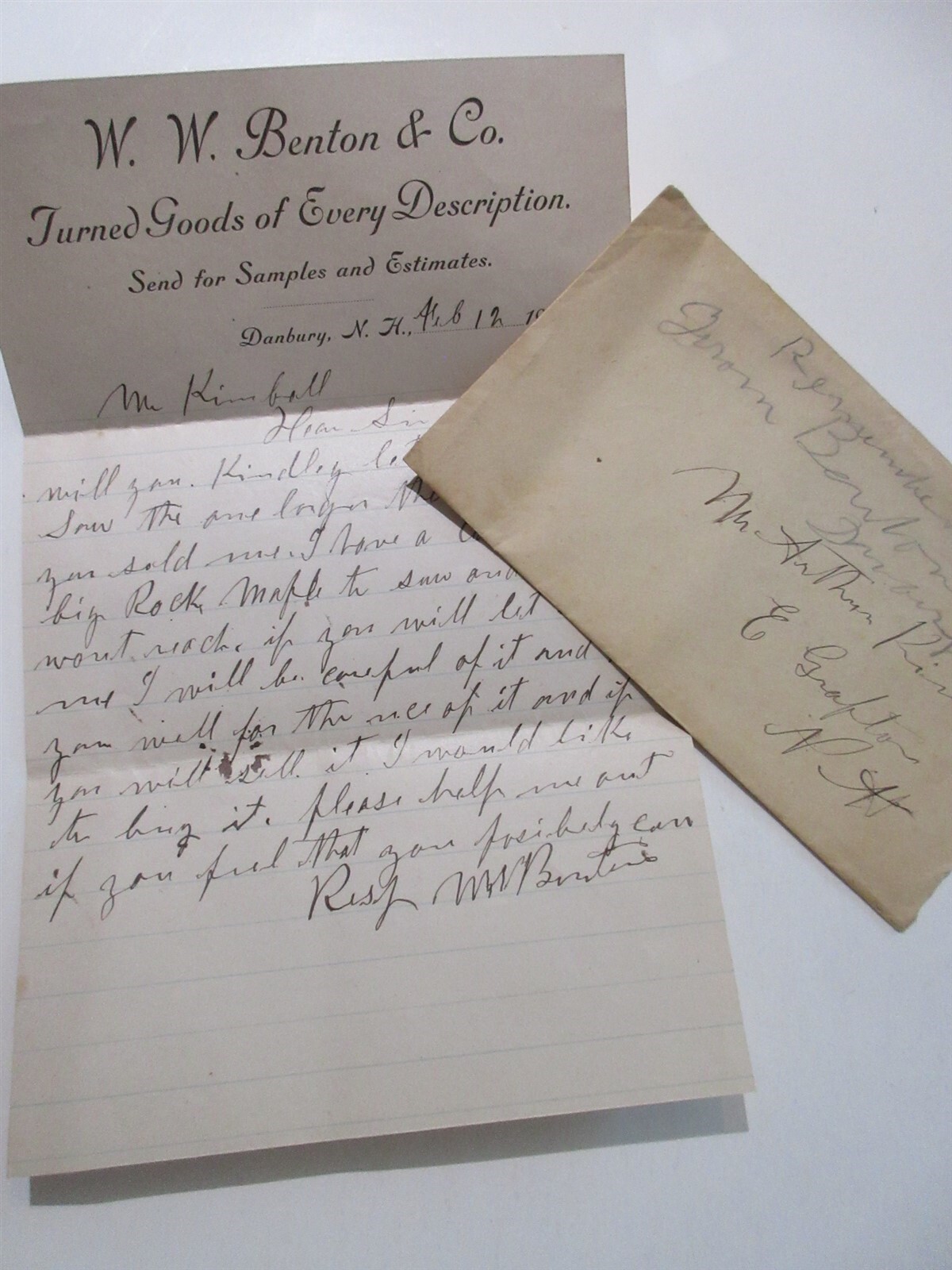 vintage 1903 W. W. Benton & Company letter White Hall Danbury Grafton NH Mill