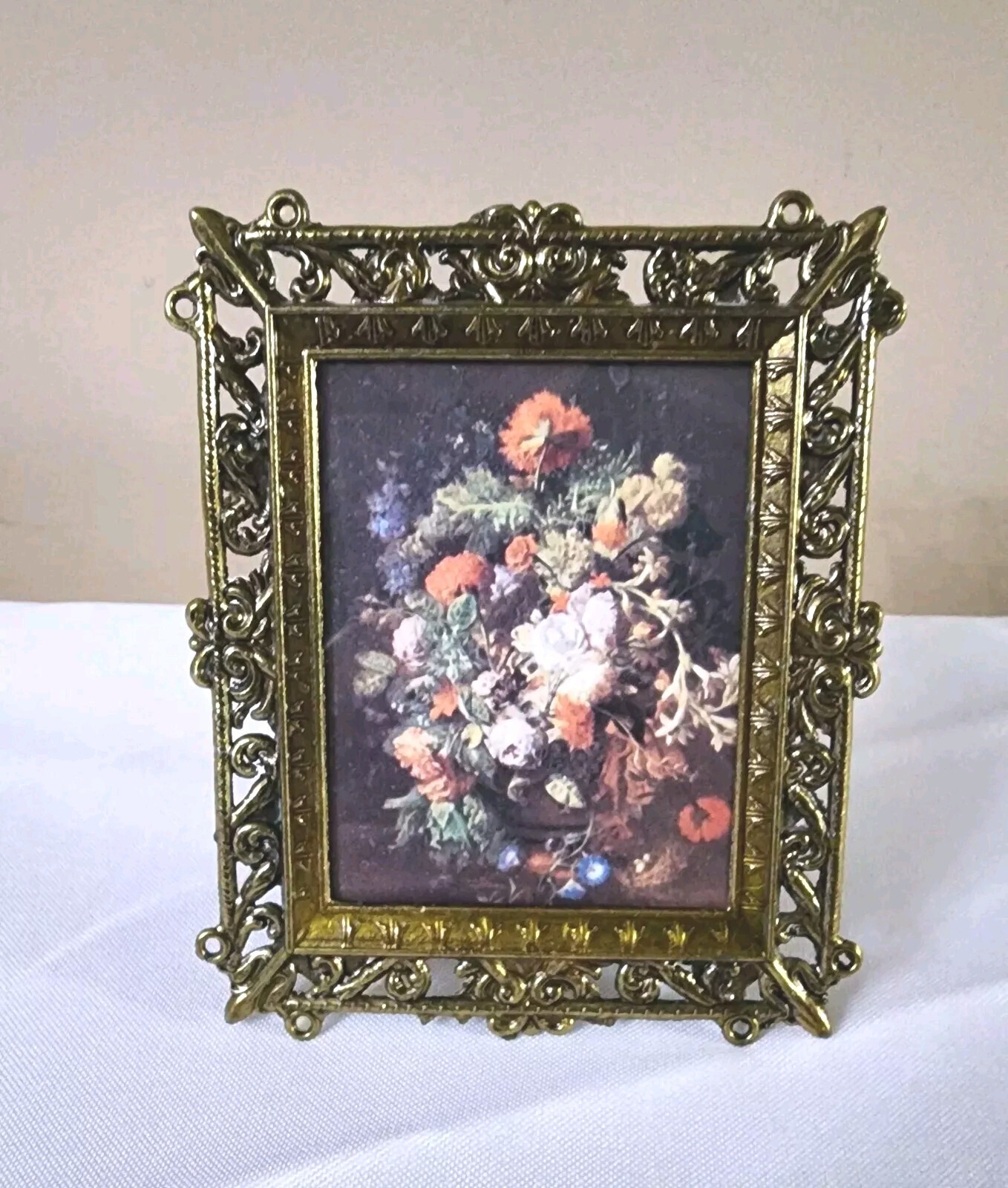 MCM Mini Ornate Brass Framed Floral Print Still Life Square Victorian Italy VTG