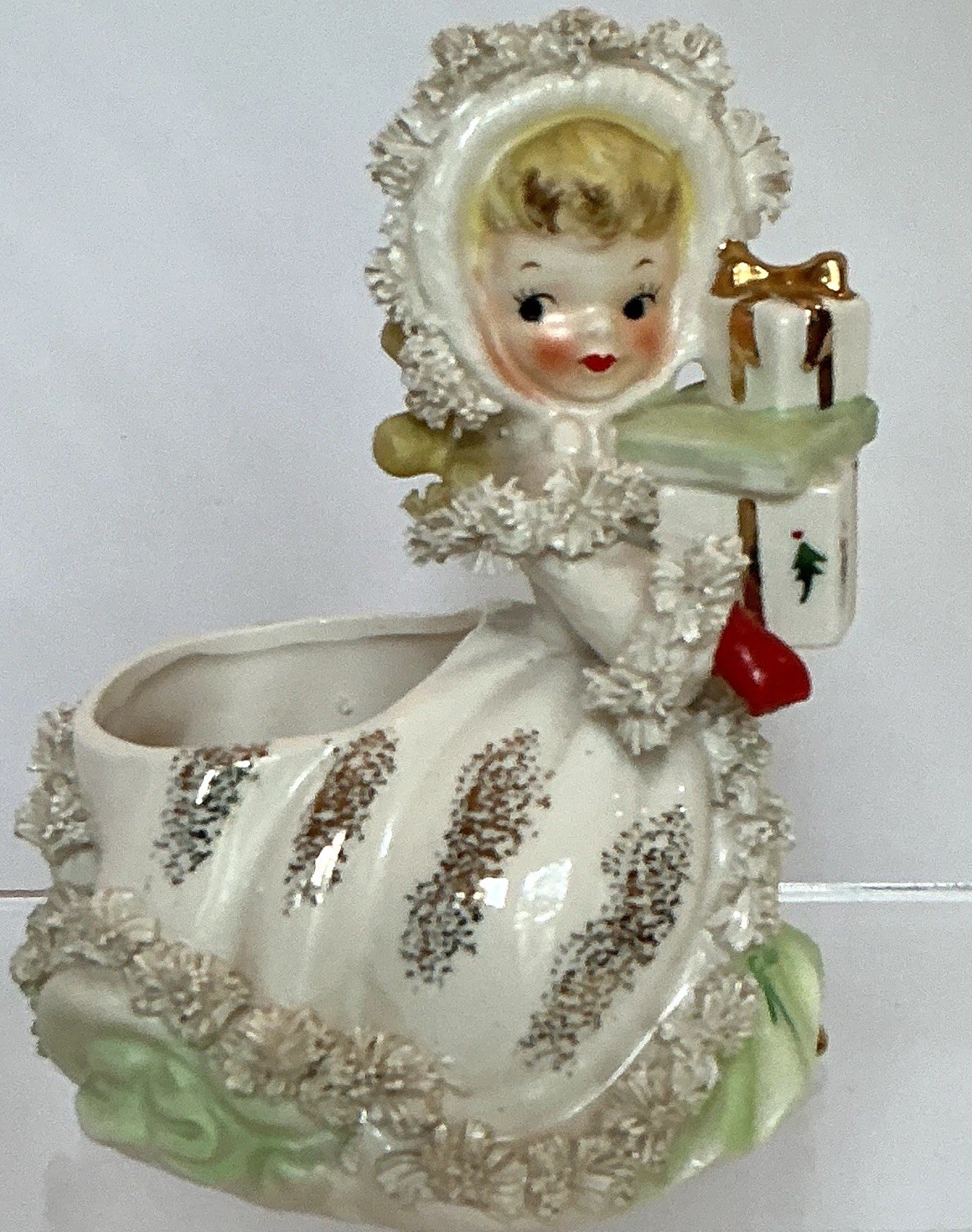 Vintage Napco Christmas Shopper Girl Planter Spaghetti Trim Presents 5\ Vintage Napco Christmas Shopper Girl Planter Spaghetti Trim Presents 5\
