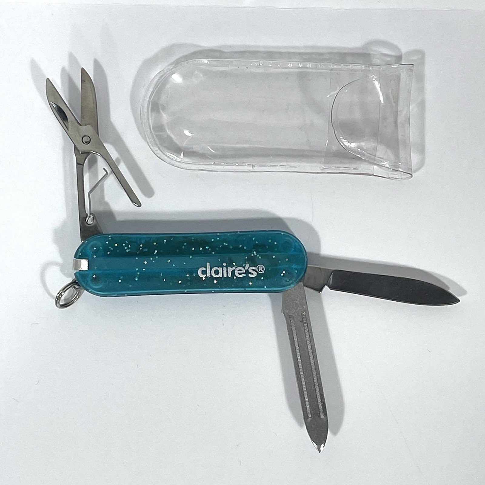 VTG Y2K Claires Glitter Blue Stars Pocket Knife Keychain Tweezers Toothpick RARE