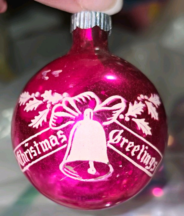 Vintage Shiny Brite Pink Christmas Greetings Bell Stencil Ornament Mid Century Vintage Shiny Brite Pink Christmas Greetings Bell Stencil Ornament Mid Century