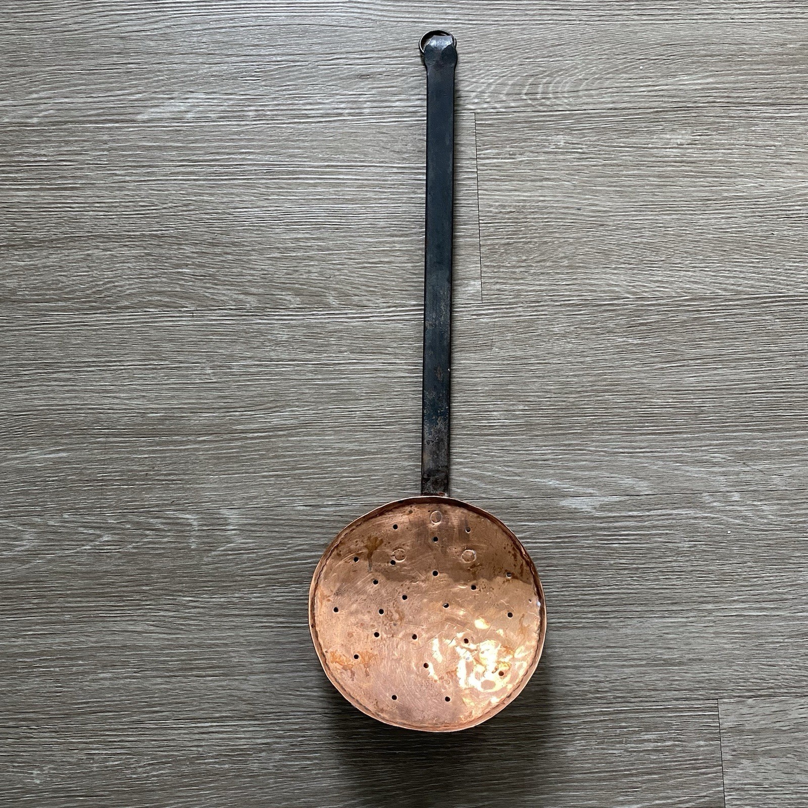 Vintage Primitive Large Hammered Forged Copper & Cast Strainer Ladle Spider