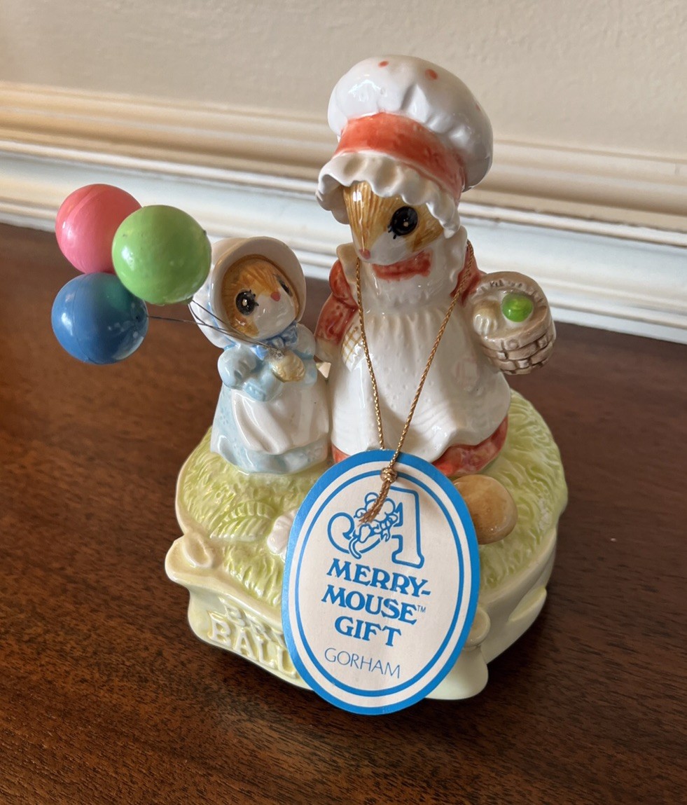 VTG 1984 Gorham Gift World Musical Ceramic Figurine~Merry Mouse Bright Balloons