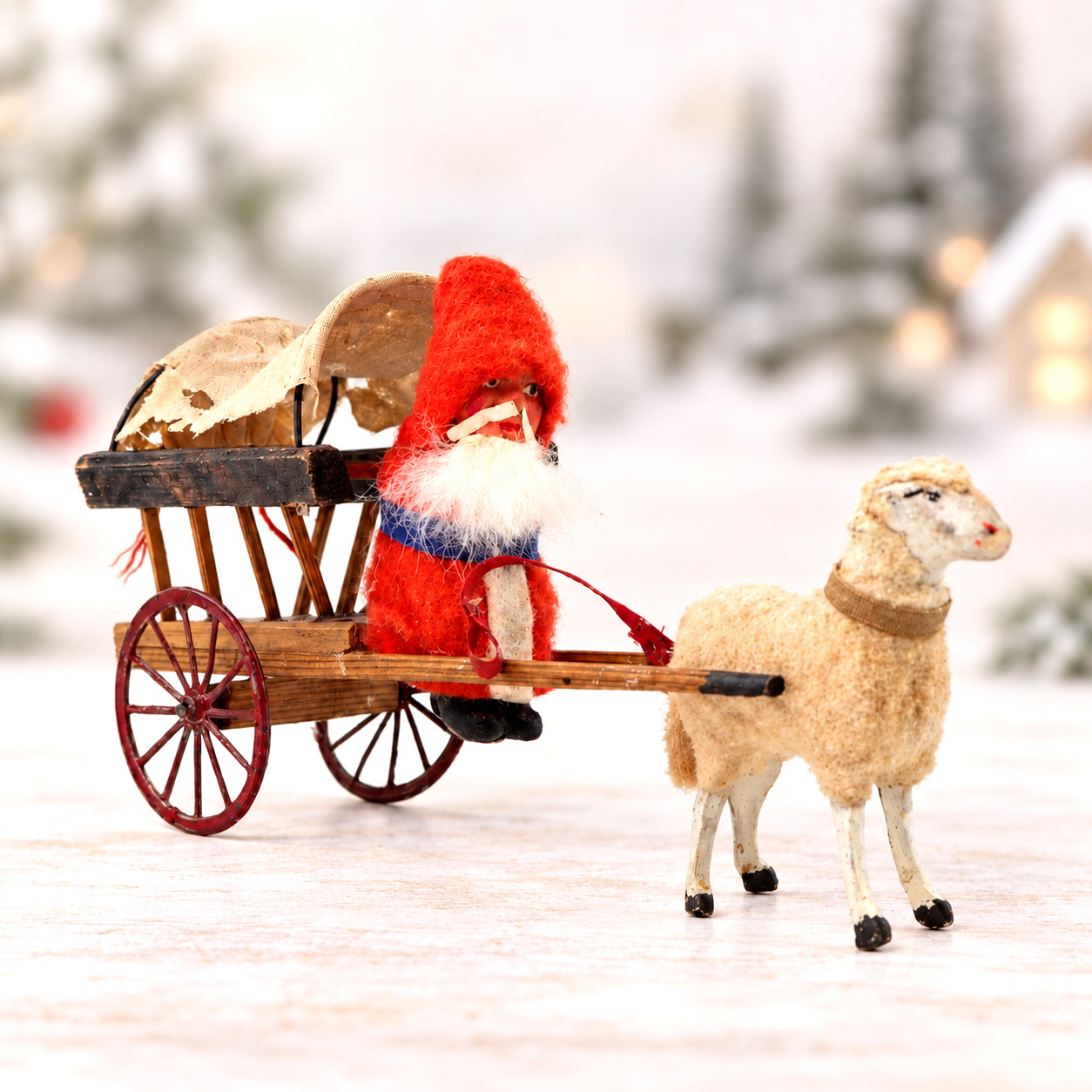 Antique Putz German Santa Wagon Stick Leg Sheep vintage Christmas Clay Face 8