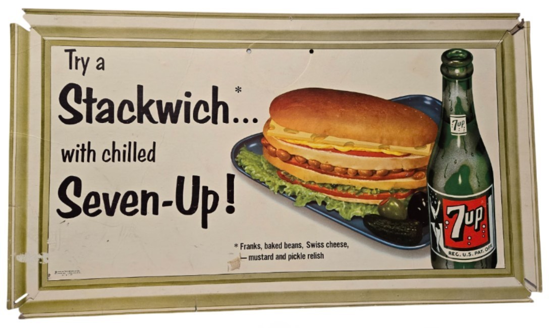 Vintage 1953 7-Up Cardboard Sign Stackwich Soda Advertising 50s Diner Poster 7up