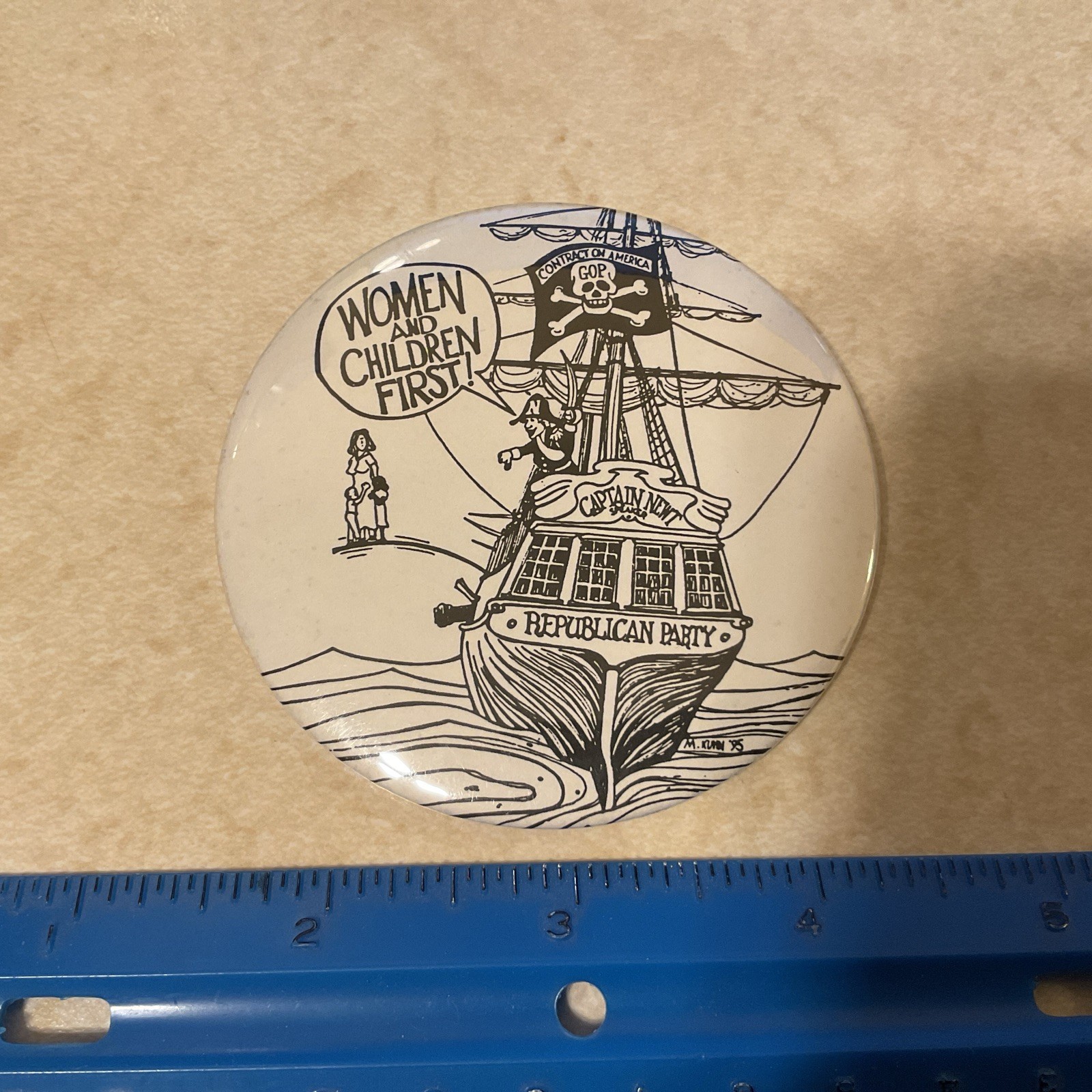 1995 Anti Newt Gingrich Republican Pirate Ship Pinback Button Signed M Kish 95 1995 Anti Newt Gingrich Republican Pirate Ship Pinback Button Signed M Kish 95
