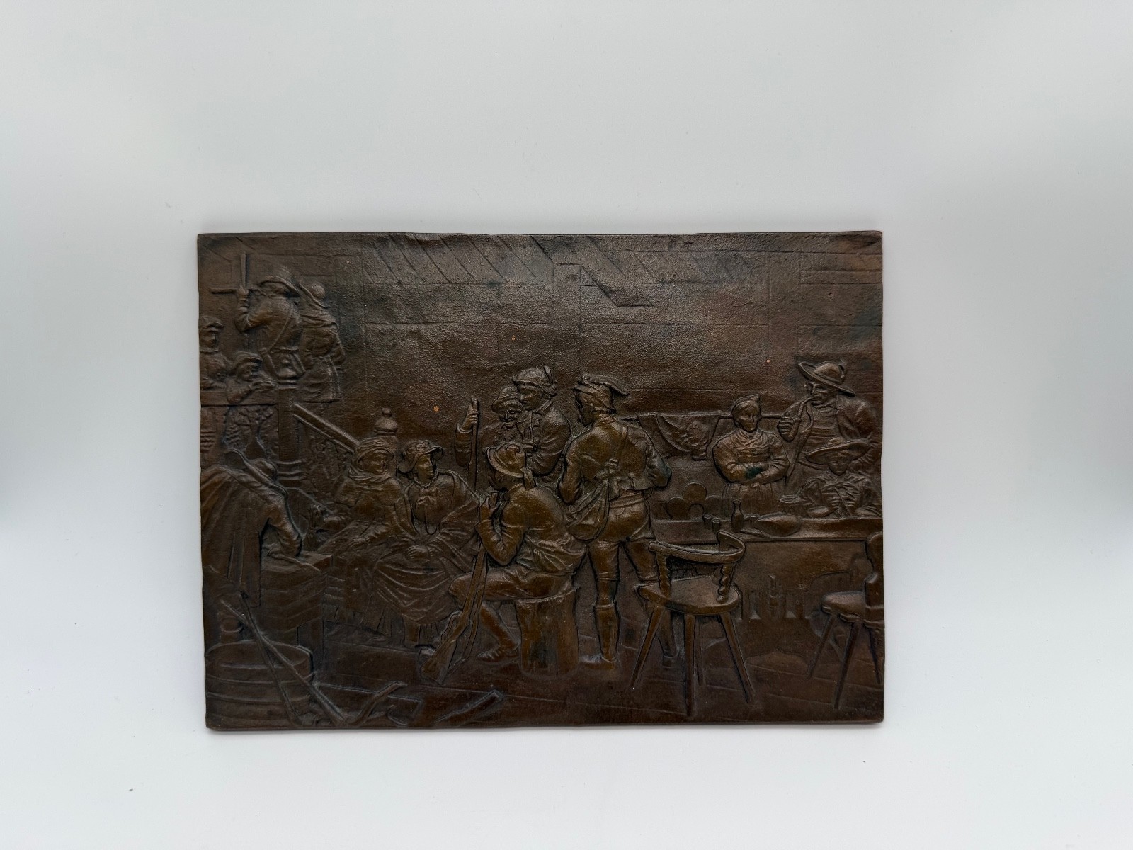Antique Copper or Bronze Relief Plaque Tavern Scene w/ Men & Women Antique Copper or Bronze Relief Plaque Tavern Scene w/ Men & Women
