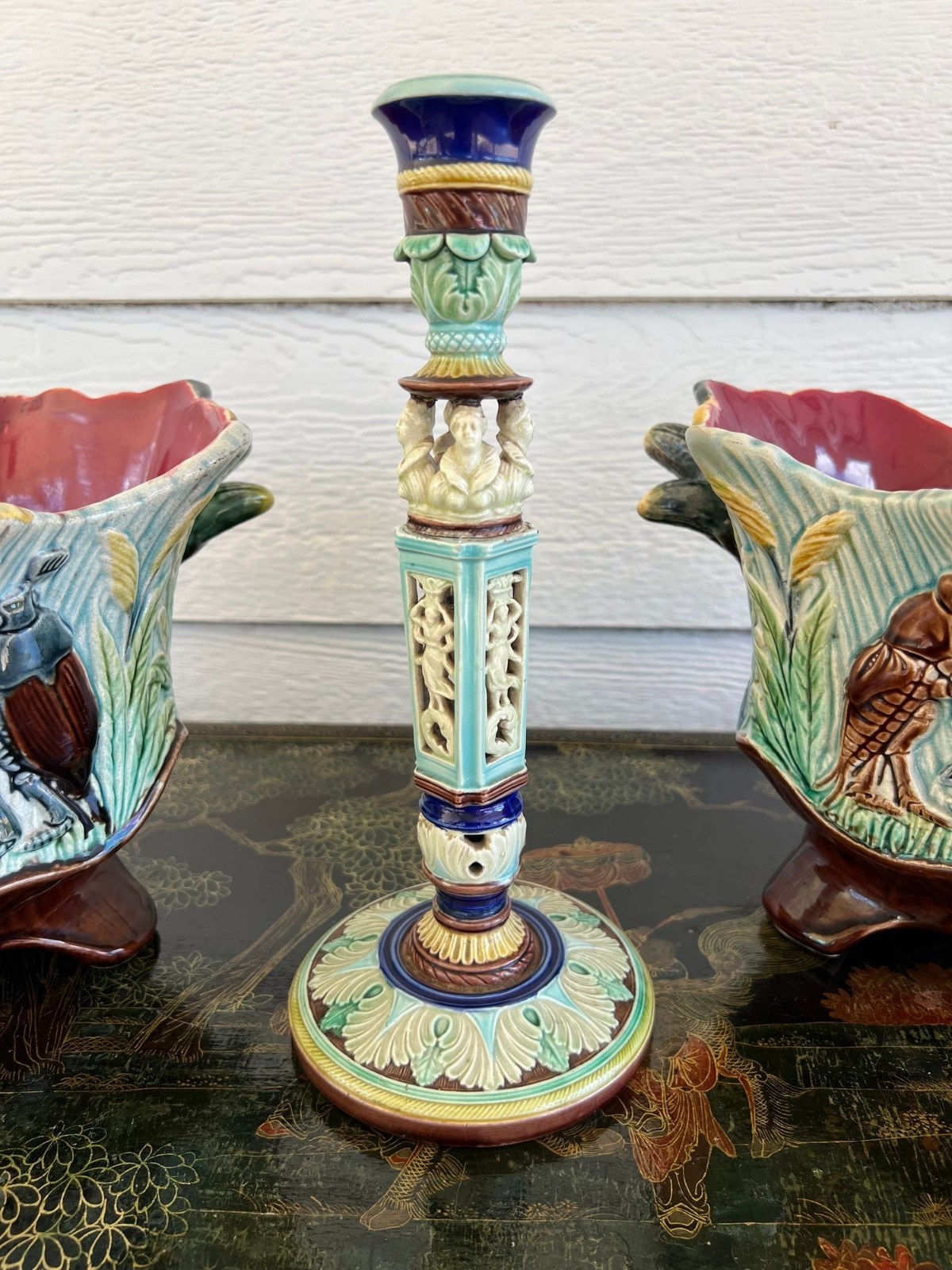 Antique English Wedgwood Majolica Candlestick Candle Holder Cinque Cento c1876