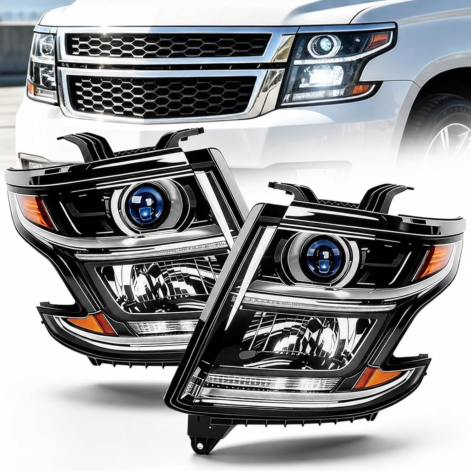 Halogen OEM Headlights Assembly 2015-2020 Chevy Tahoe/Suburban LED DRL