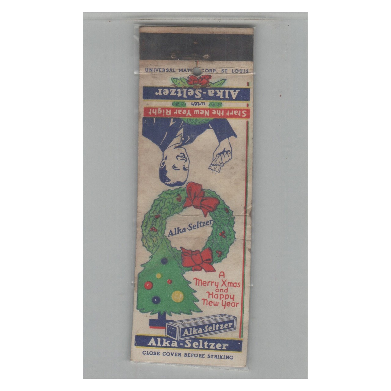 1920s-1930s Universal Match Matchbook Cover Alka-Seltzer Merry Christmas 1920s-1930s Universal Match Matchbook Cover Alka-Seltzer Merry Christmas