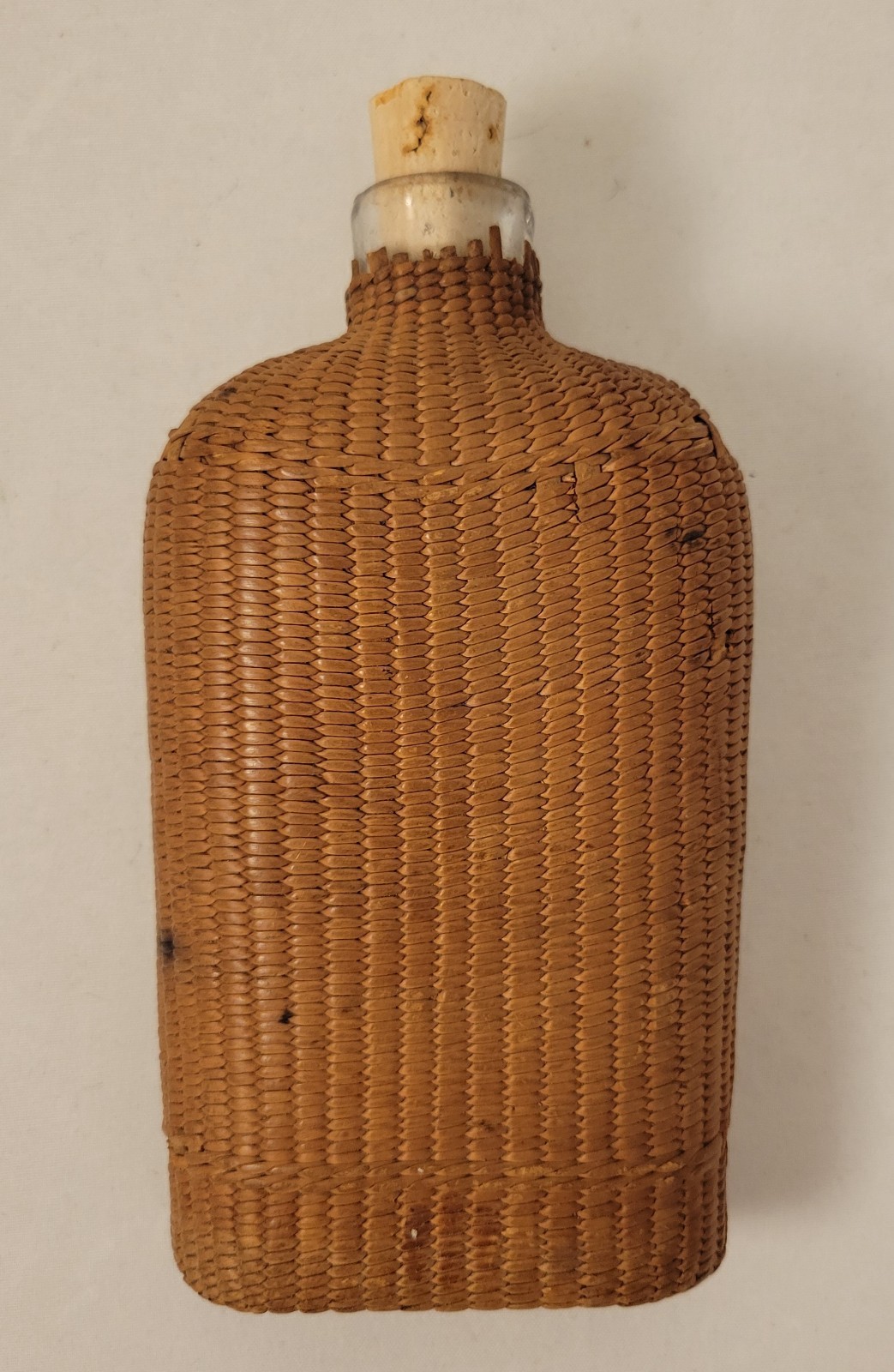 Vintage Finely Woven Wicker Wrapped Glass Flask with Cork