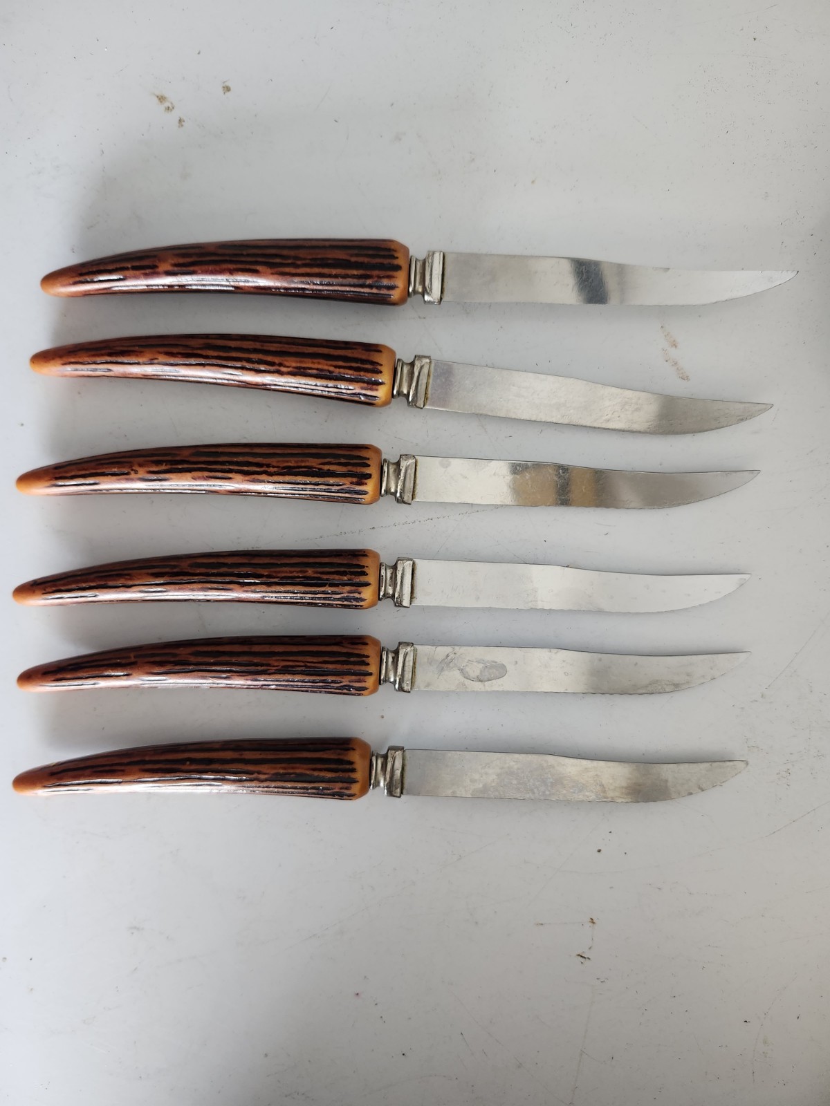 Set of 6 Vintage Sheffield Style Stainless Steak Knives Faux Antler Handles 