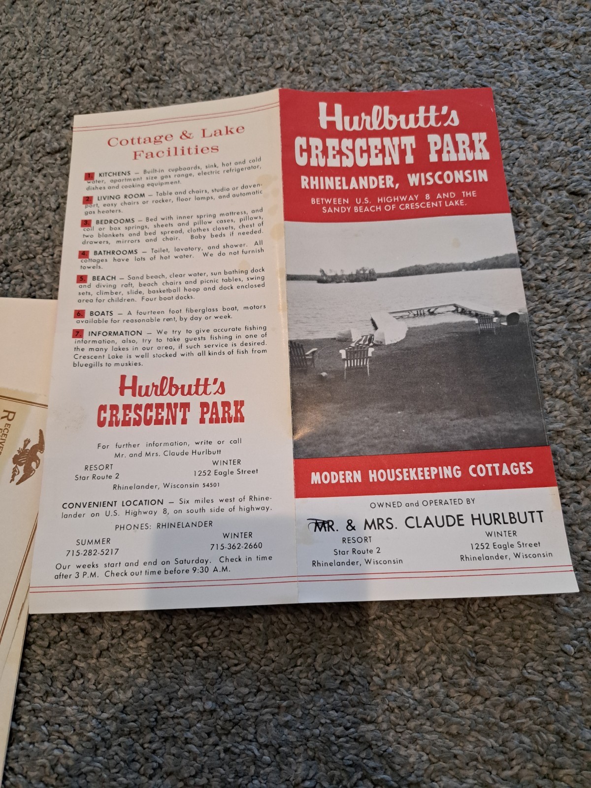 Vintage Brochure for Hurlbut's Crescent Park Rhinelander Wisconsin 1971