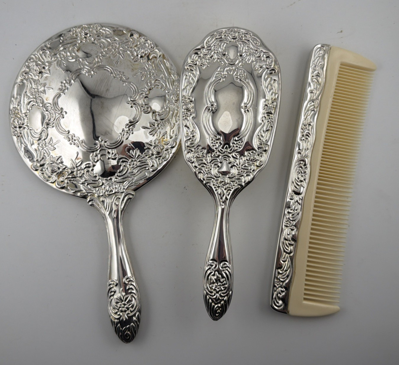 Vintage Ornate Silver Tone Vanity Set Hand Mirror Hair Brush & Comb