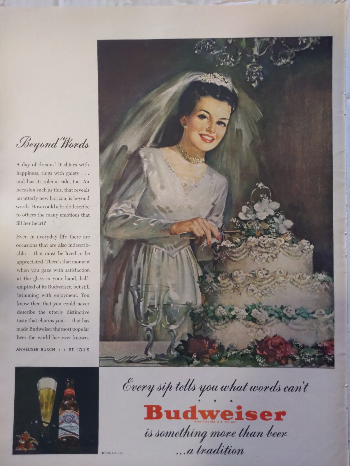 vintage 1946 Budweiser print ad. every sip tells you what words can't