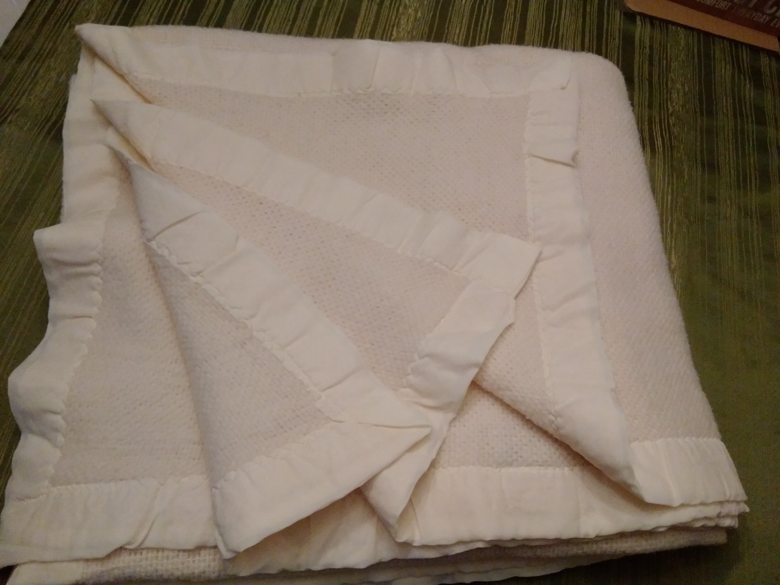 Vintage Faribo Blanket Ivory Acrylic Waffle Weave Satin Trim All Around 98x104