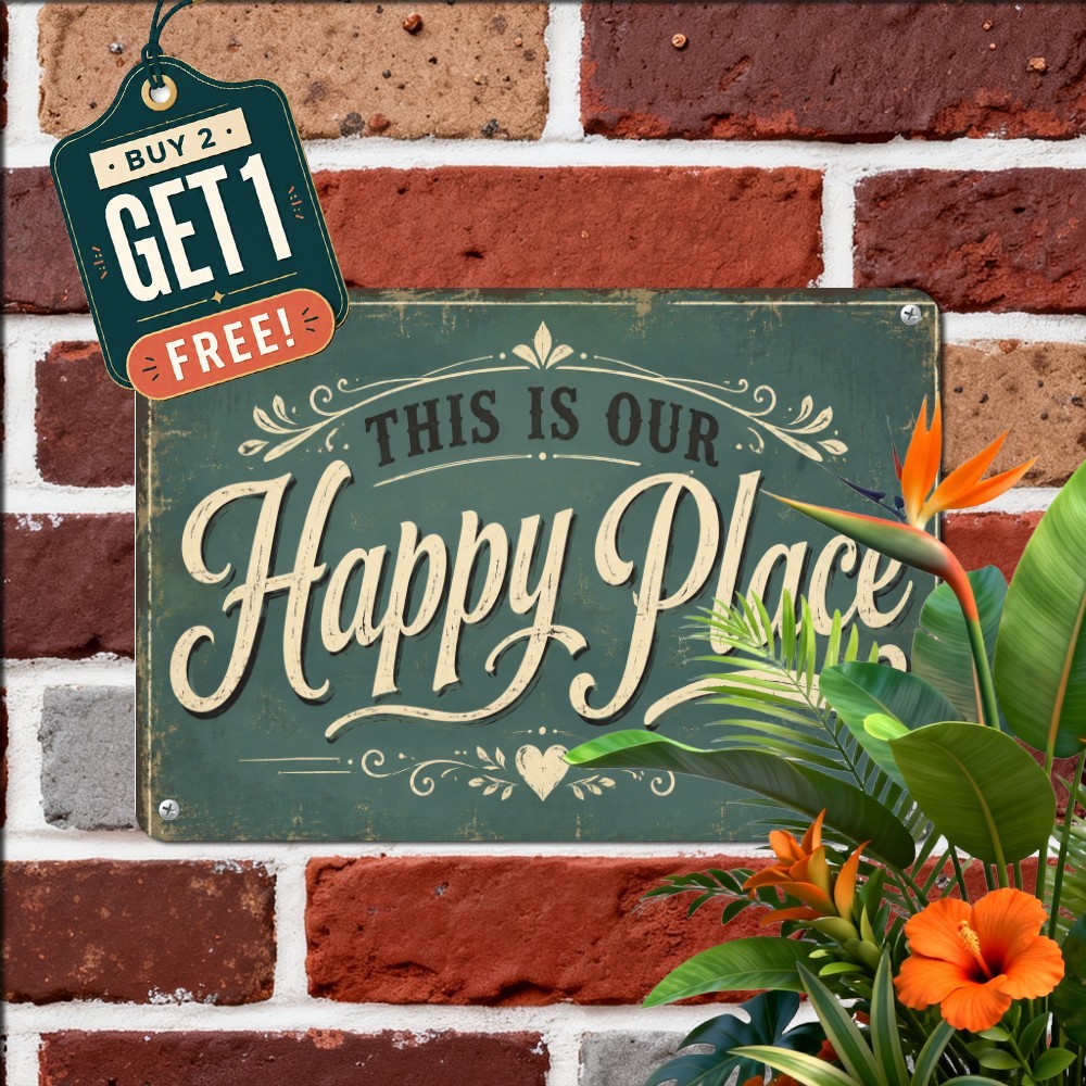 Welcome To Our Happy Place Metal Sign Farmhouse Porch Entry Tin Wall Decor