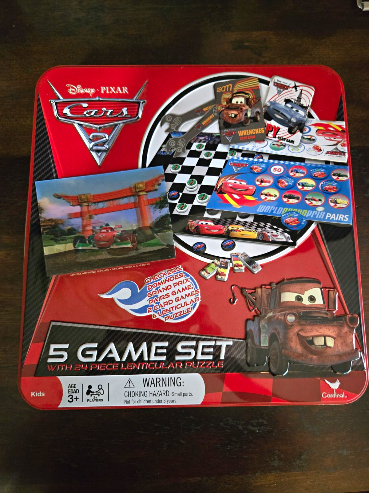 Disney Cars 5 Game Set Tin w/ 24-Piece Puzzle Dominos, Checkers And Cards