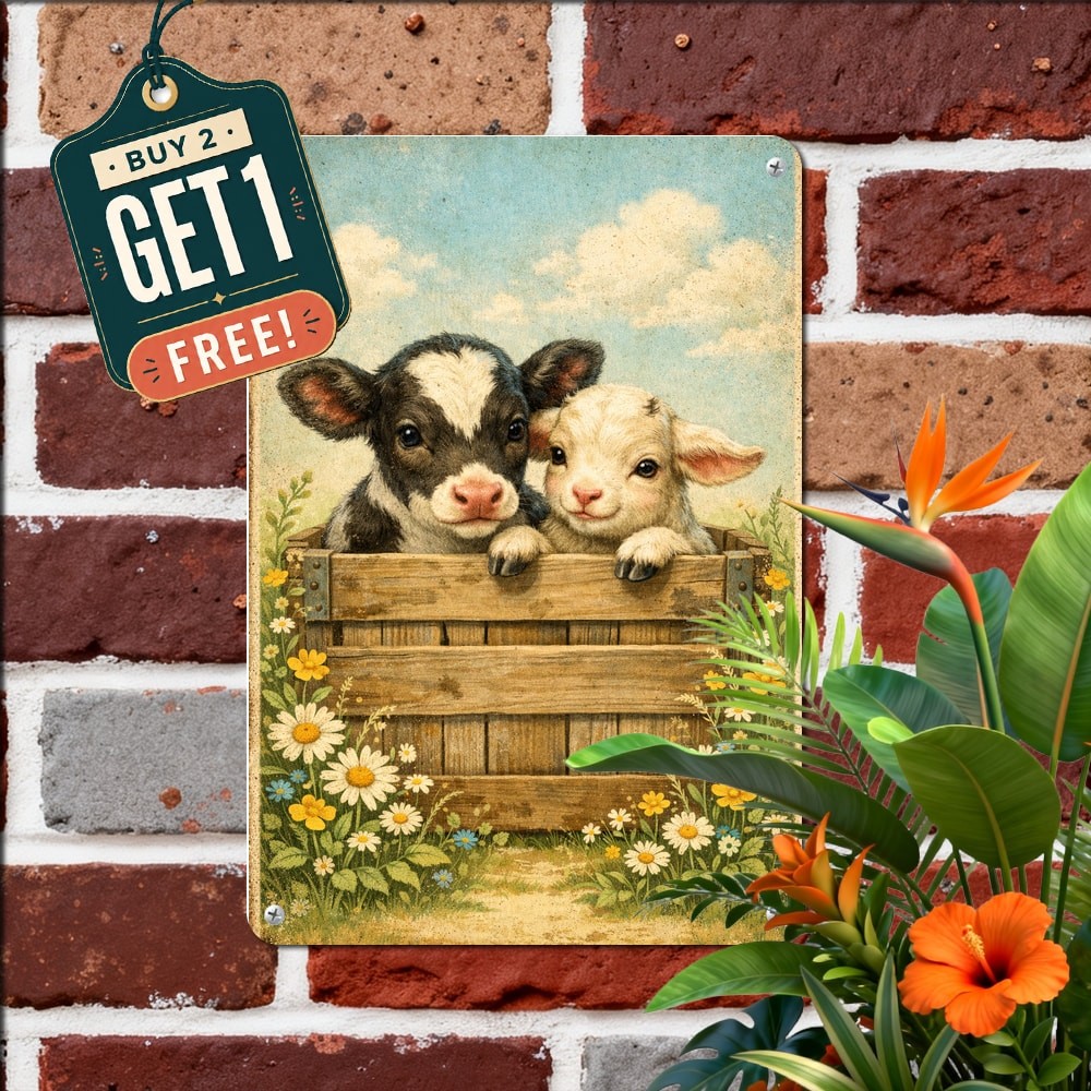 Adorable Goat Kids In Metal Bucket Tin Sign Vintage Farmhouse Animal Wall Art
