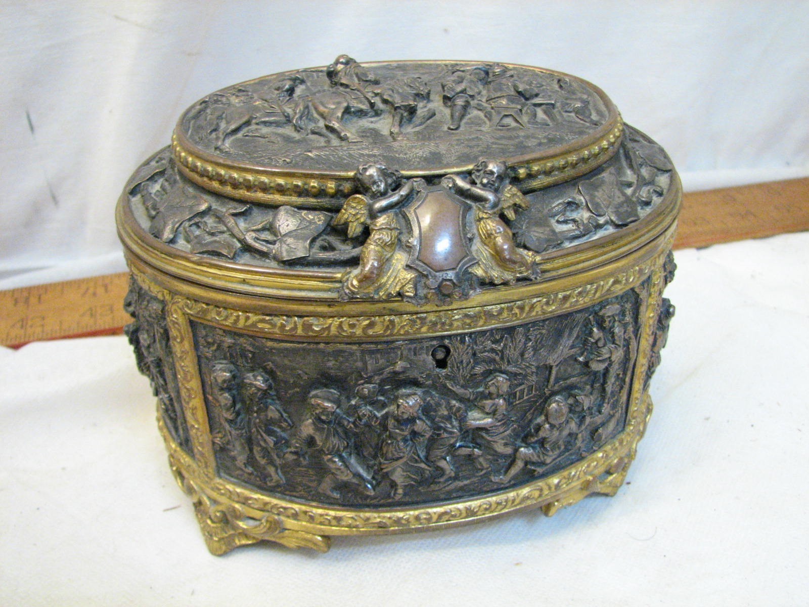 Antique AB Paris Repousse High Relief Jewelry Trinket Dresser Box Casket Chest