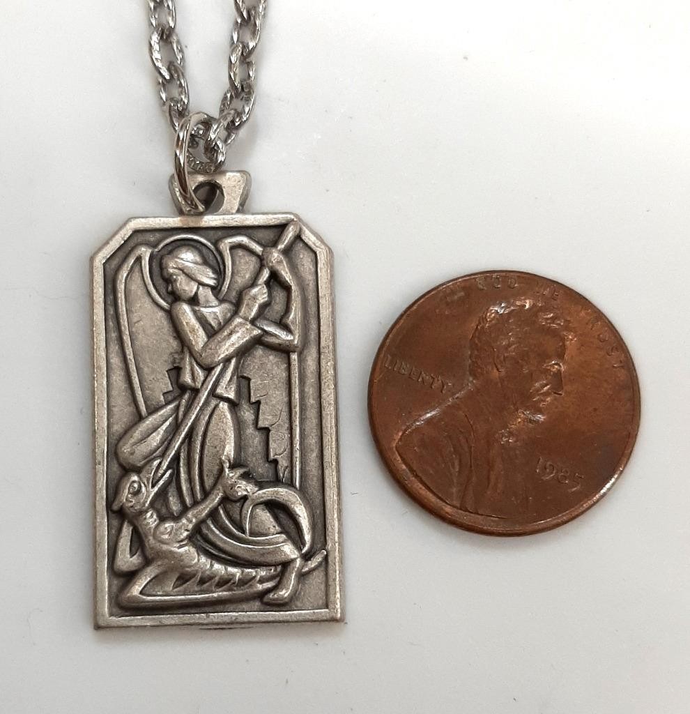 Handsome Stylize 1970's Vintage St. Michael Archangel Silvertn Medal Necklace