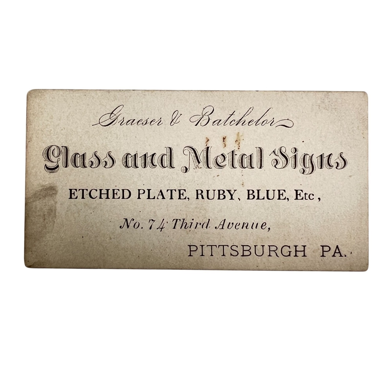Antique Graeser & Batchelor Pittsburgh PA Glass Metal Signs Trade Business Card