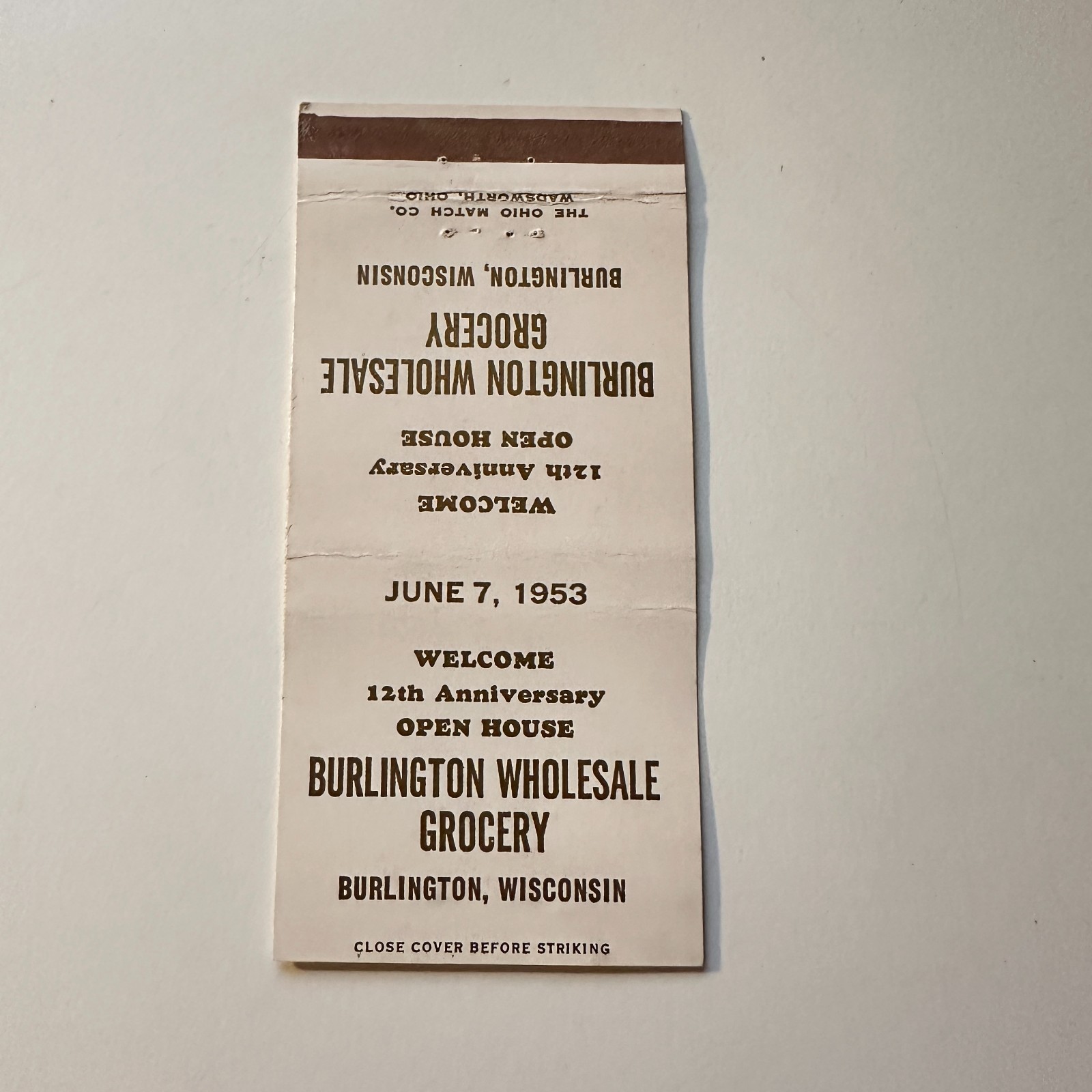 Burlington Wholesale Grocery 1953 Burlington WI Vintage Matchbook Cover TMM26-7
