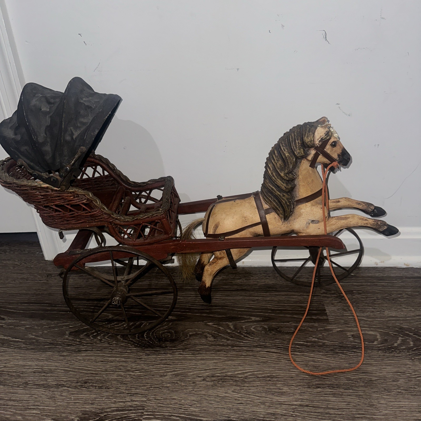 Vintage Horse Drawn Carriage Wicker Basket Metal Wheels Folk Art Decor