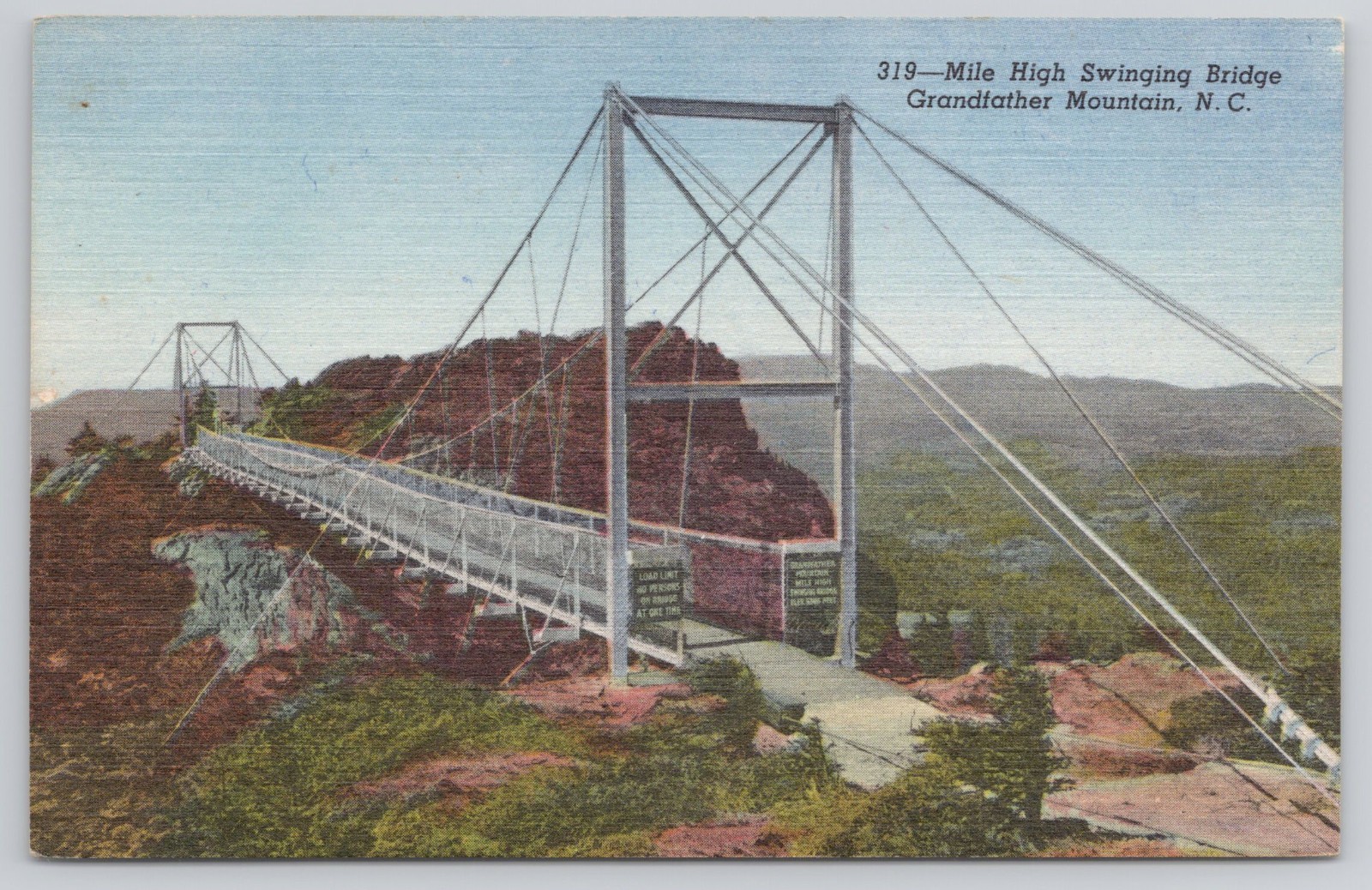 Mile High Swinging Bridge, Grandfather Mountain, NC Linen Postcard