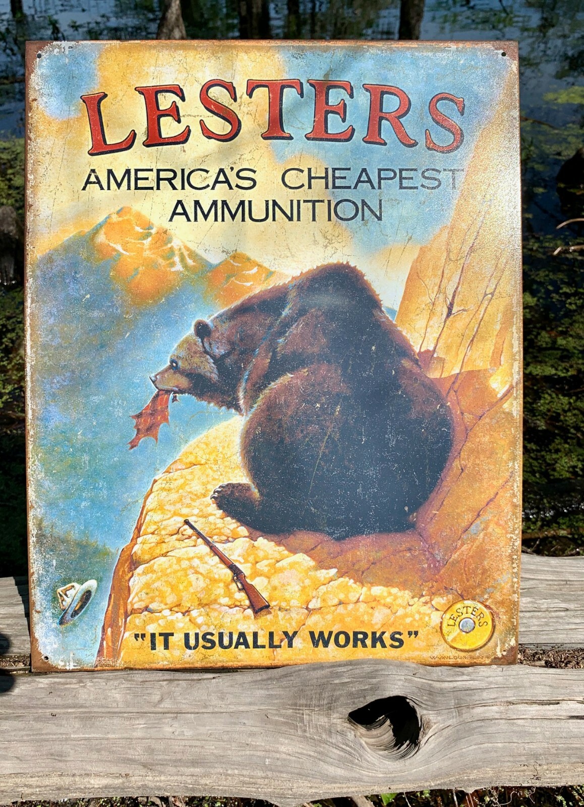 Lester's Ammo Vintage Metal Tin Sign Wall Decor Garage Man Cave Home Under $25