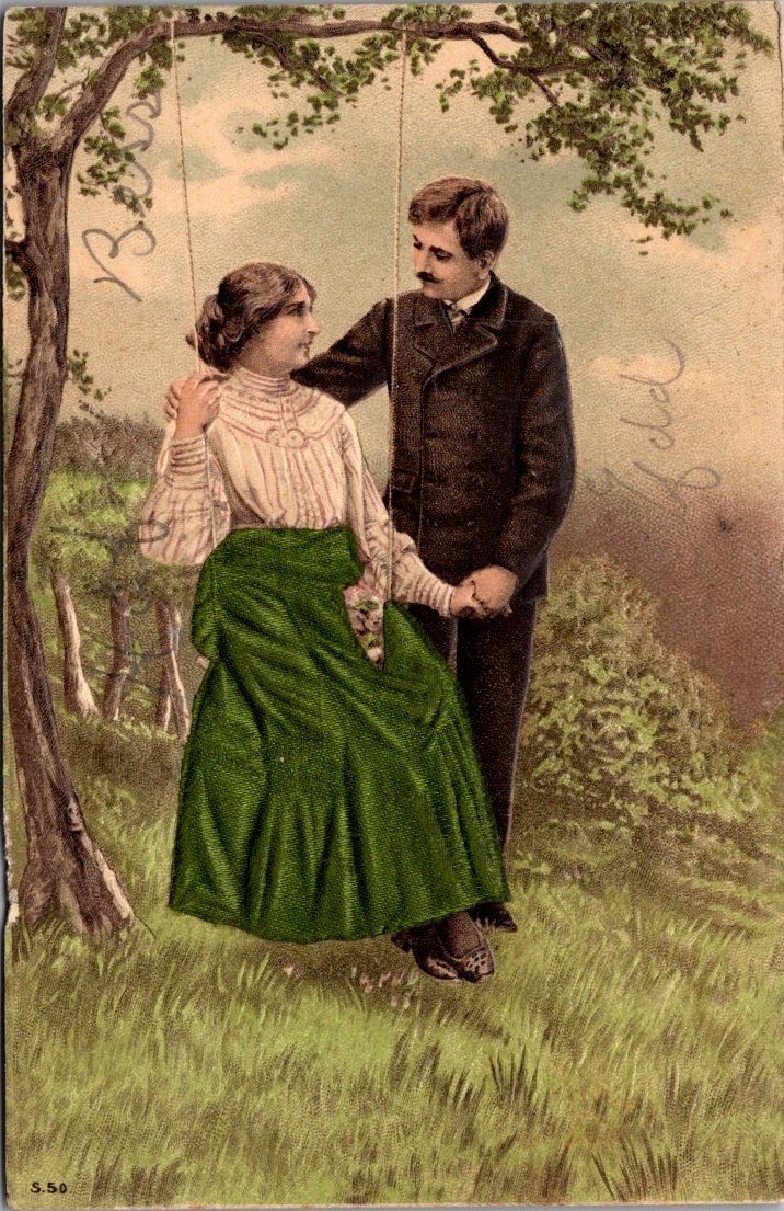 Romantic Couple in Tree Swing embossed c1907 Postcard