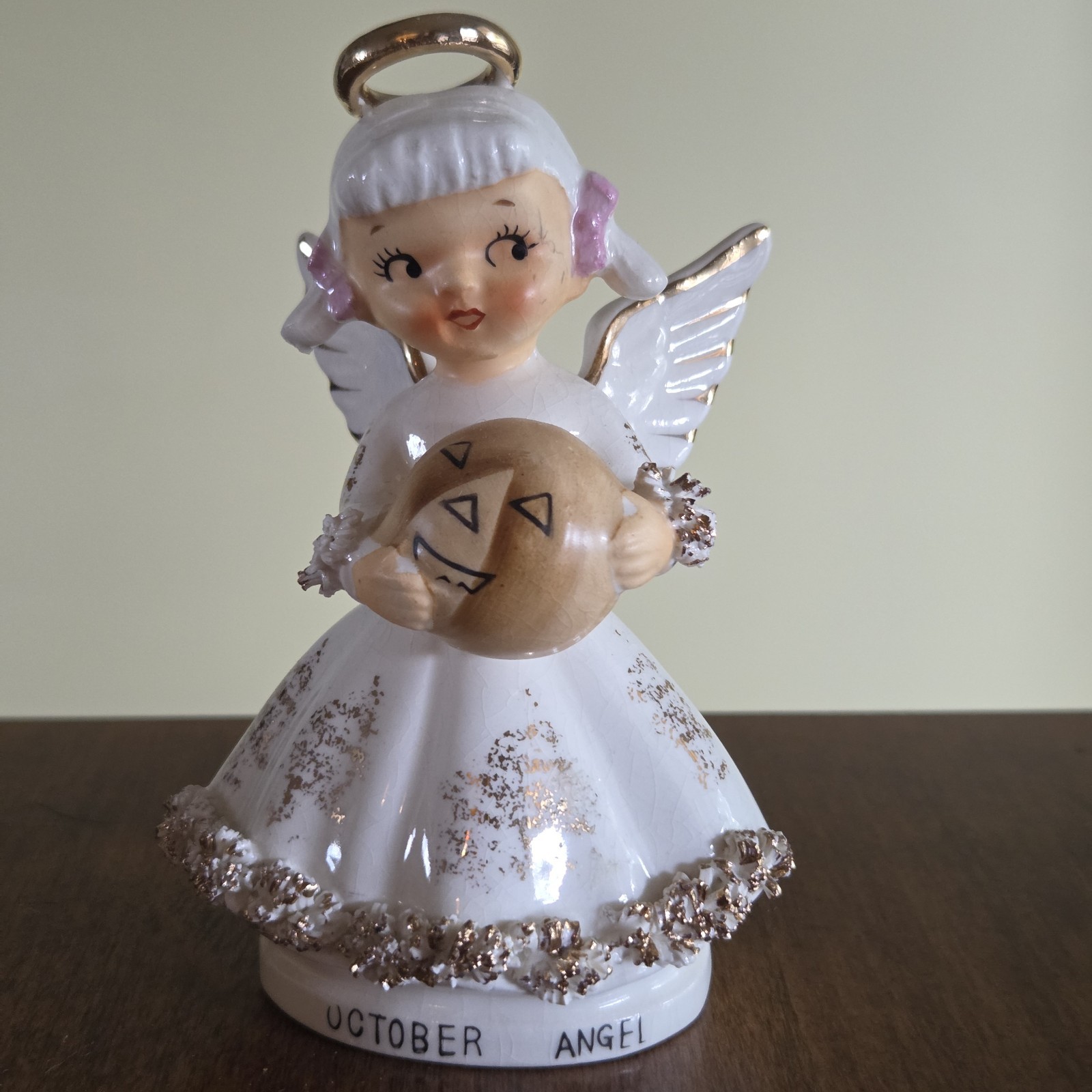 Vintage Lefton October Birthday Angel Figurine Holding Halloween Pumpkin Japan