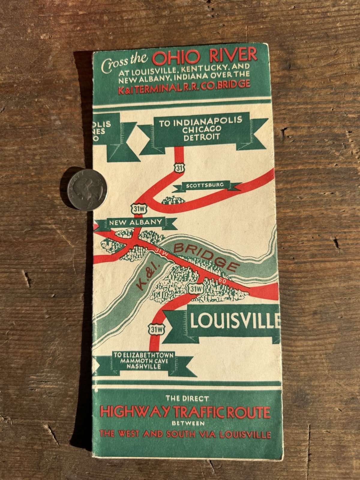 “Cross The Ohio River” 1930’s Map.  Louisville Traffic Route. K&I Bridge