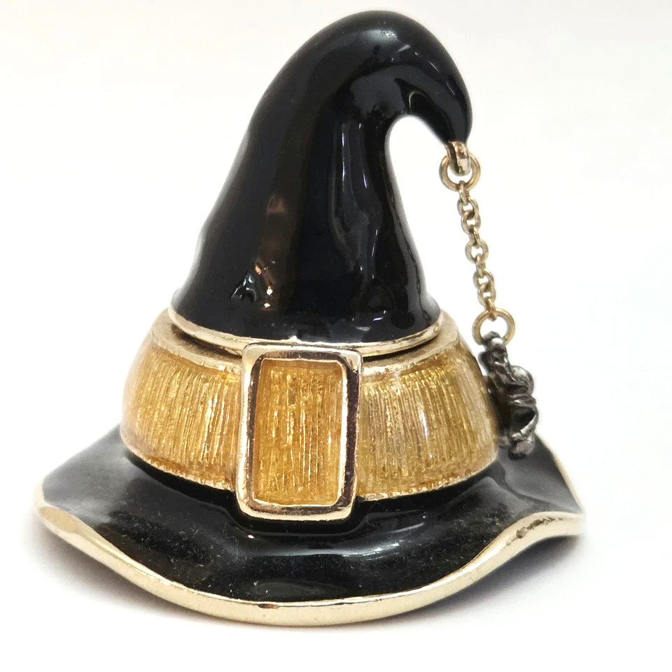 Monet Witch Hat Trinket Box Black Enamel Gold Spider Halloween Vintage 
