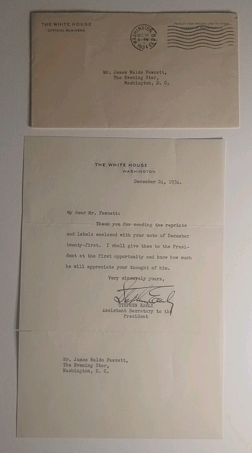 STEPHEN T. EARLY; LETTER SIGNED White House Stationary Roosevelt Press Secretary