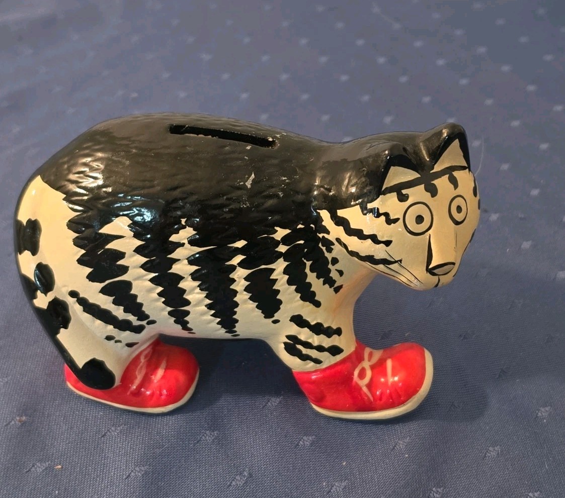 Vintage Takahashi Kliban Style Cat Coin Bank Black & White Stripe w Red Sneakers