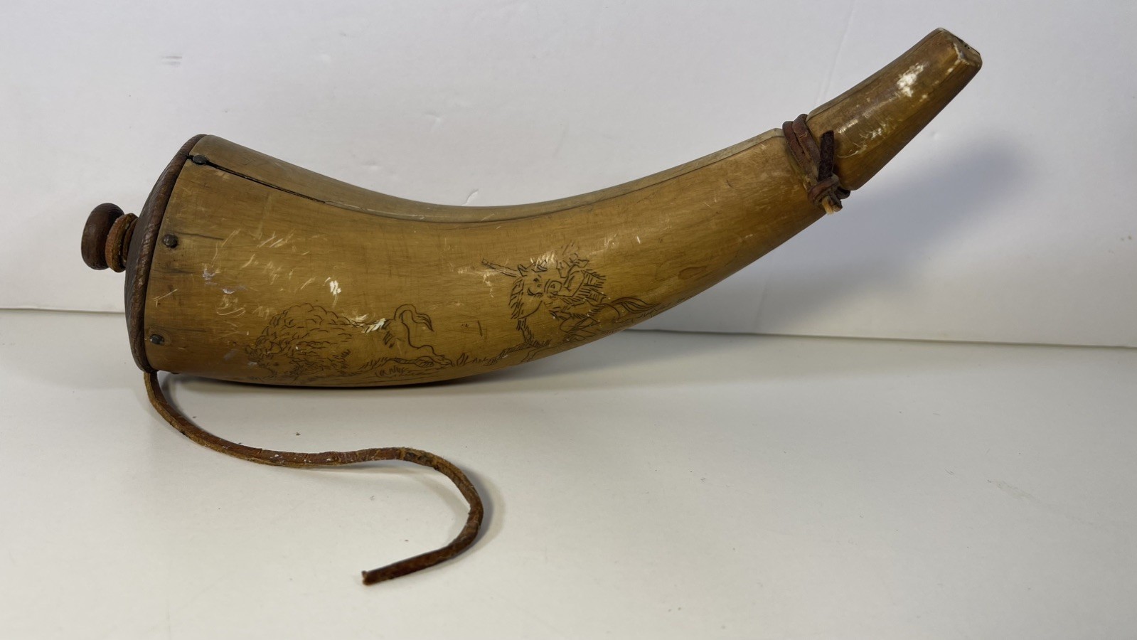 Vintage Faux Powder Horn Wood Carving - Folk Art Scrimshaw Style Scott - 9 Inch