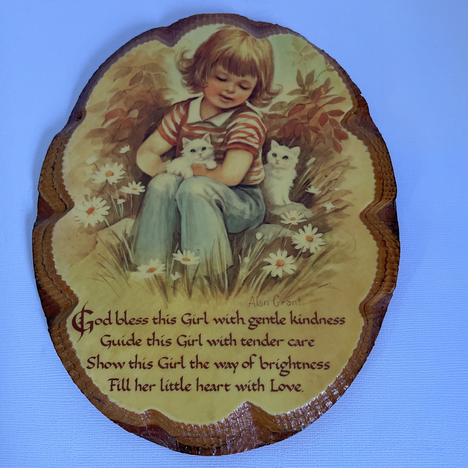 VTG Decoupage Wood Wall Plaque Girl with Cats Kittens Picture VTG Decoupage Wood Wall Plaque Girl with Cats Kittens Picture