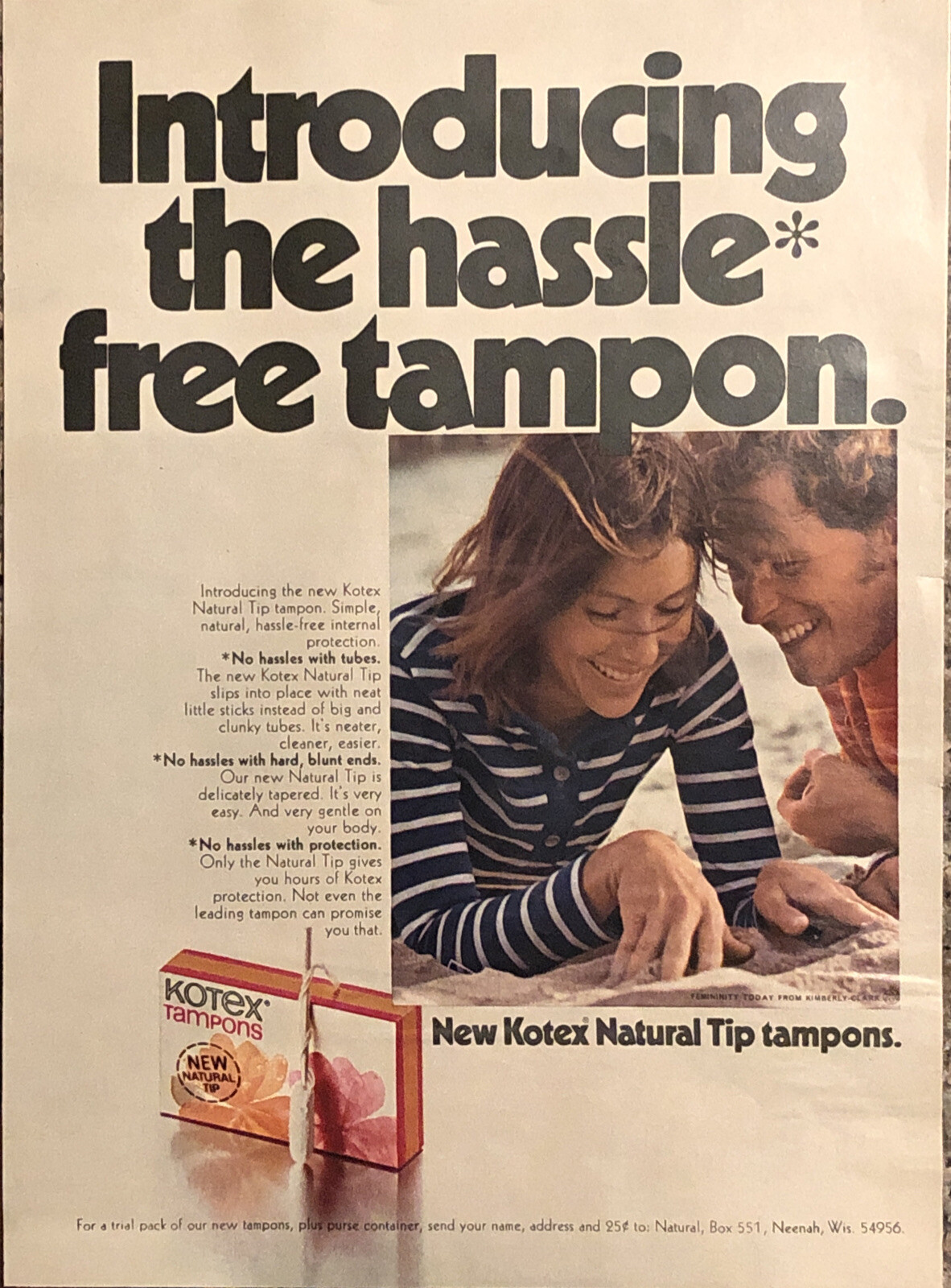 1974 Kotex Natural Tip Tampons PRINT AD Introducing Hassle Free Tampon VTG 1970s 1974 Kotex Natural Tip Tampons PRINT AD Introducing Hassle Free Tampon VTG 1970s