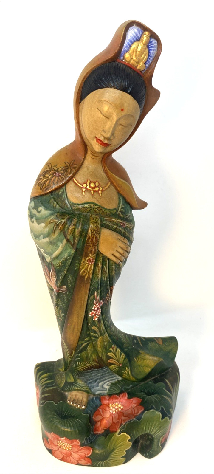 Hand Carved Wooden Guan Yin Goddess Statue Hand Painted Bali 12” Artist Signed