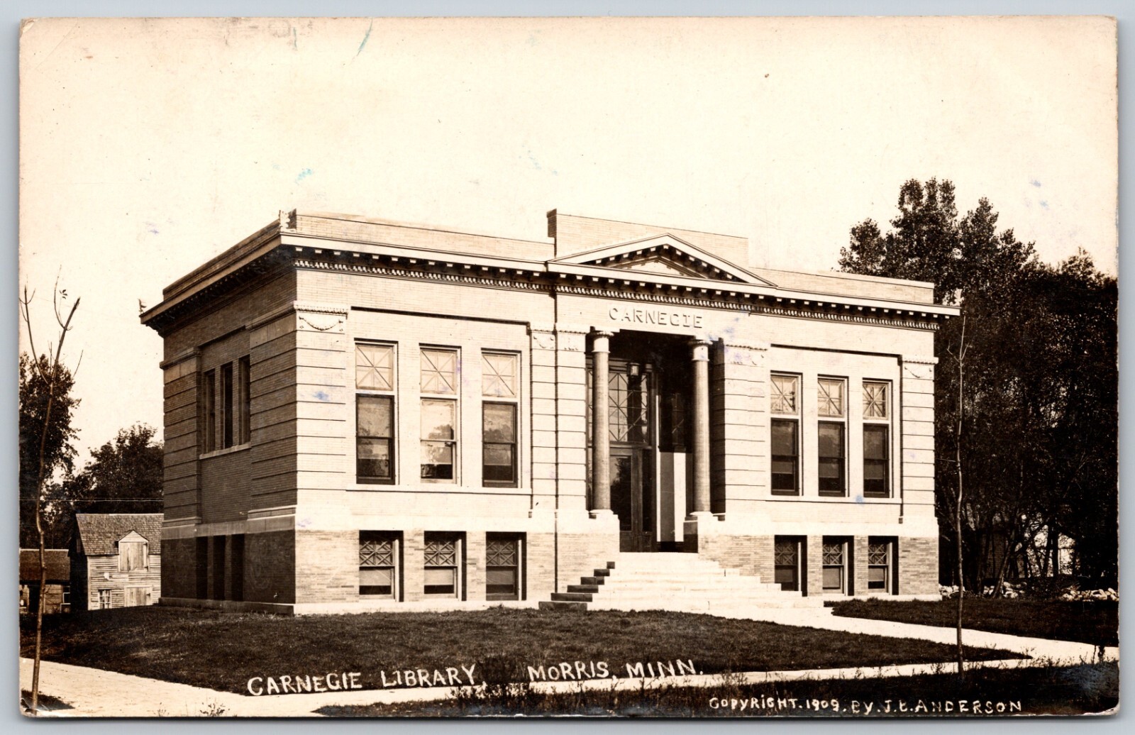 c1909 RPPC Carnegie Library MORRIS Minnesota ANTIQUE RARE Real Photo Postcard
