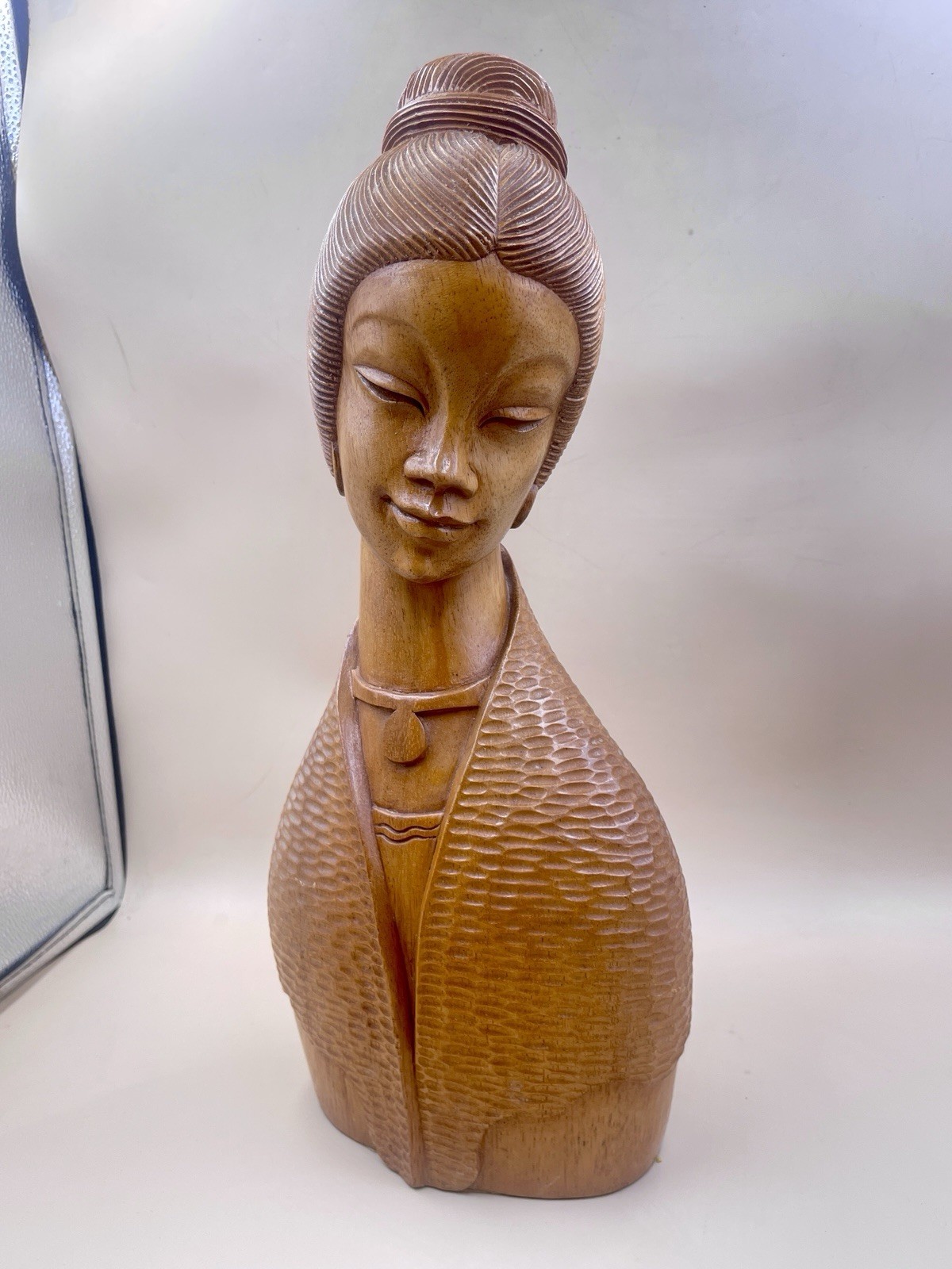 Vintage Asian Wood Carved Woman Bust Figure 15 3/4” Tall Detailed