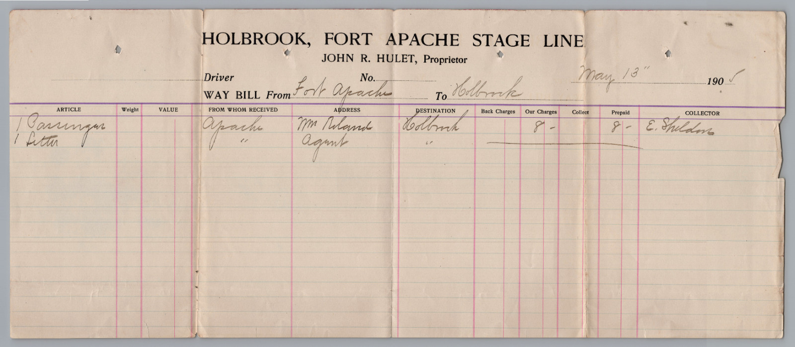 1890s Holbrook Fort Apache Stage Line Waybill Document Arizona Territory Scarce 1890s Holbrook Fort Apache Stage Line Waybill Document Arizona Territory Scarce