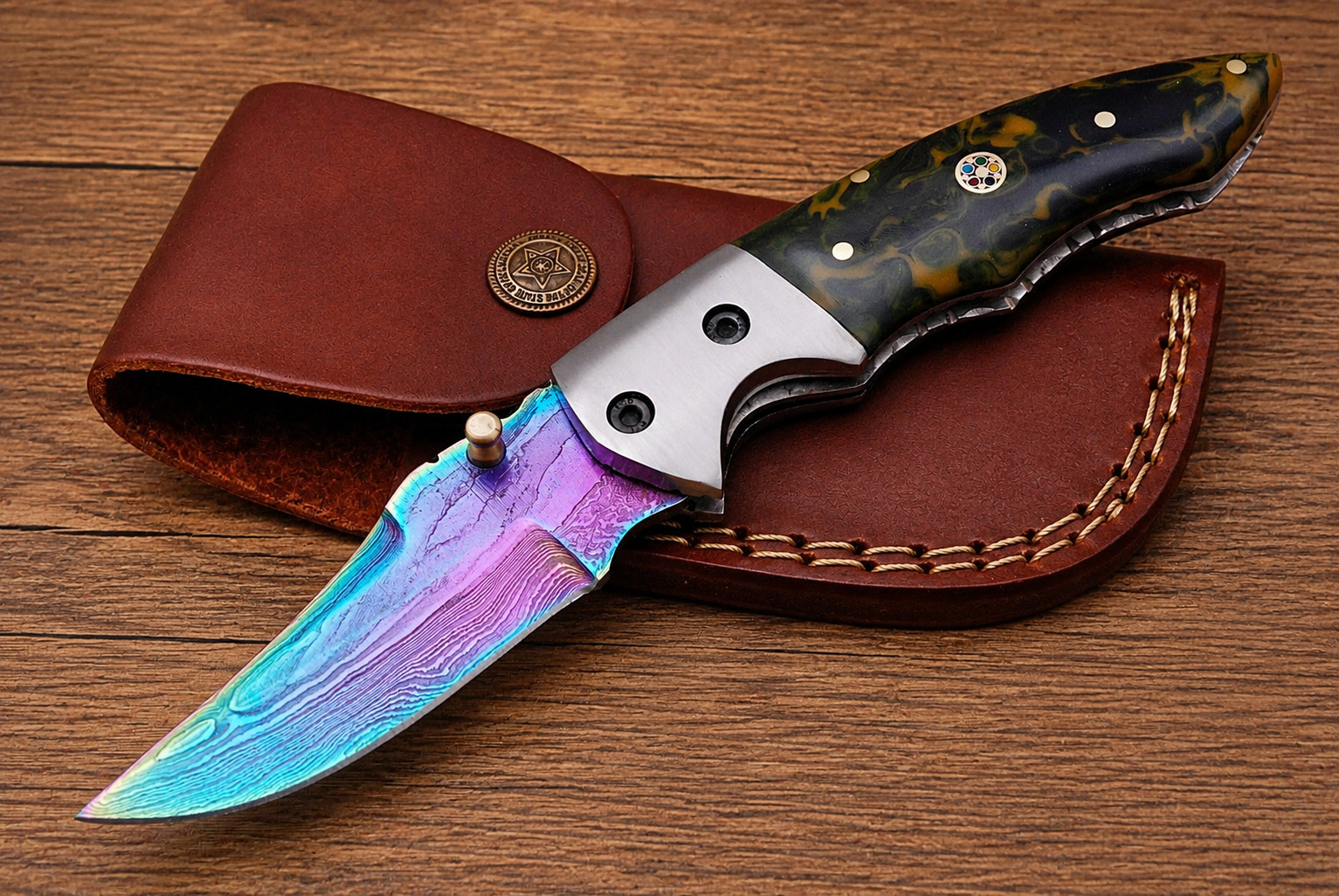 Premium Handmade Folding Knife Rainbow Damascus Style Blade w/Leather Sheath1427 Premium Handmade Folding Knife Rainbow Damascus Style Blade w/Leather Sheath1427