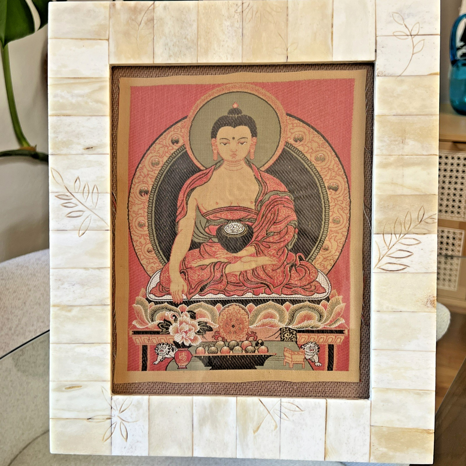 Vintage Shakyamuni Buddha Woven Silk Textile Thangka Bone Inlay Frame 11 x 13