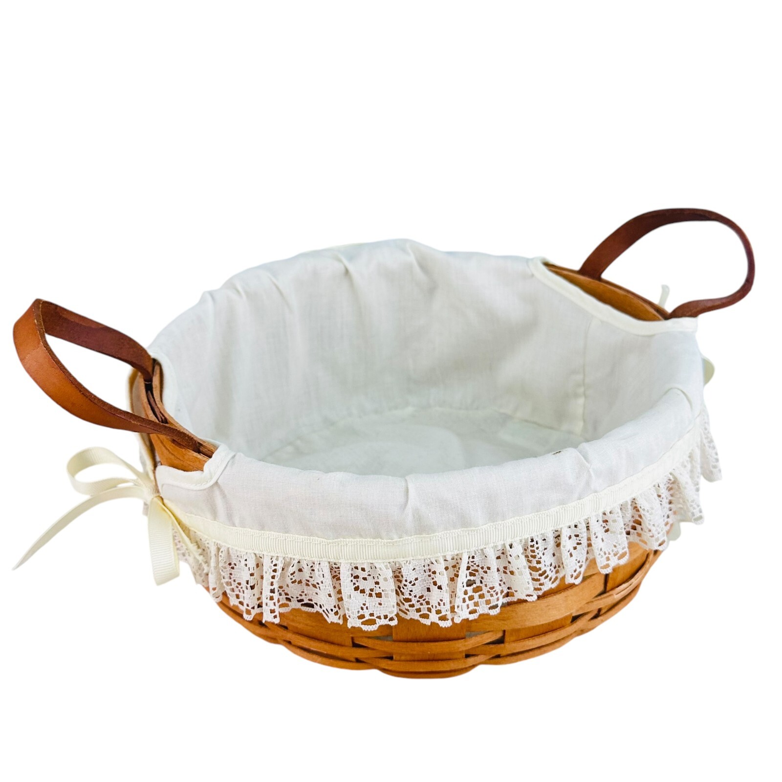 Vtg 1990 Longaberger Rd Basket w fabric white liner  USA Made 9.5\