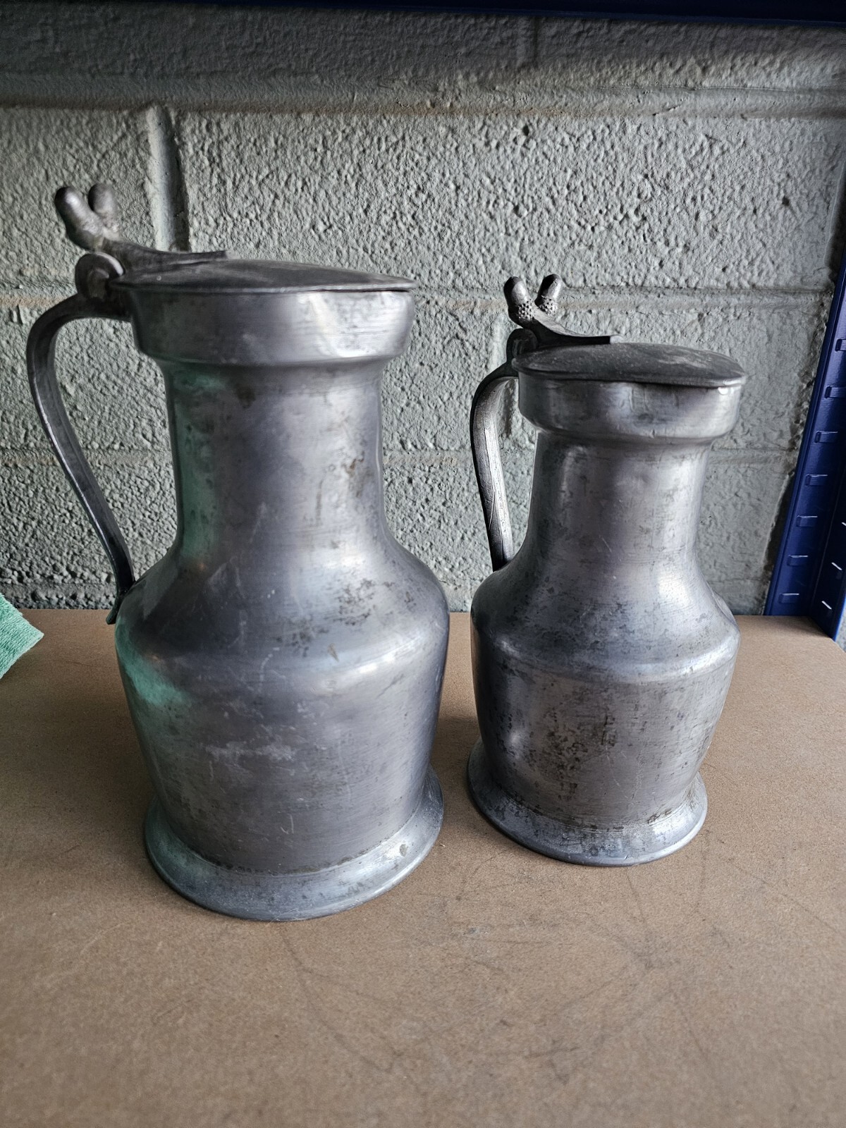 2 Antique 18th Century Pewter Stein Tankard Tudor Crowned Rose Mark