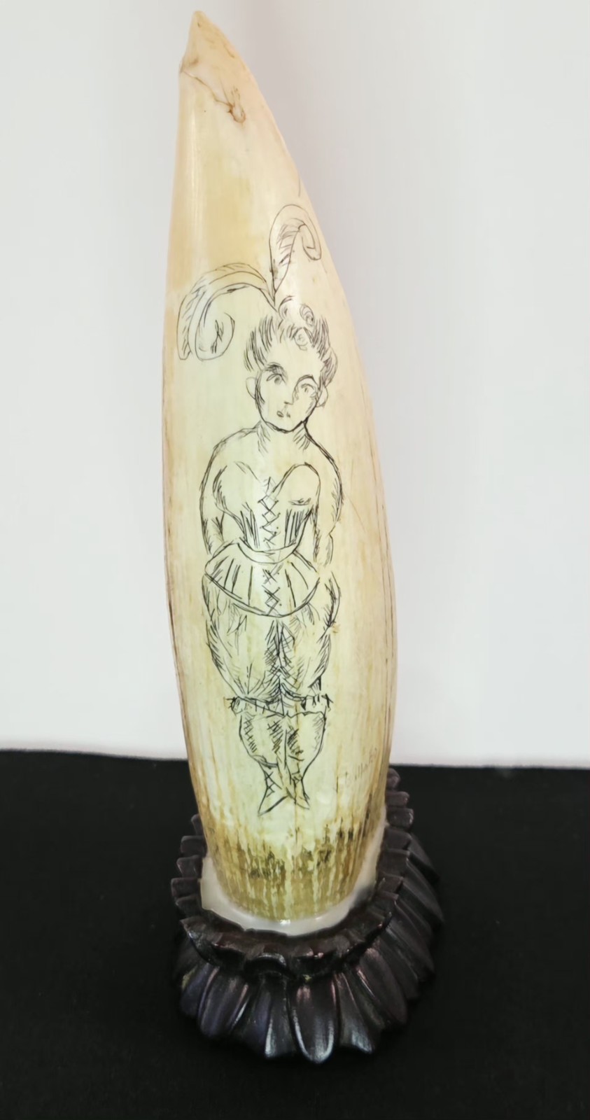 Scrimshaw Style Engraved Animal Horn Woman Carved Wood Base Vintage J Billard