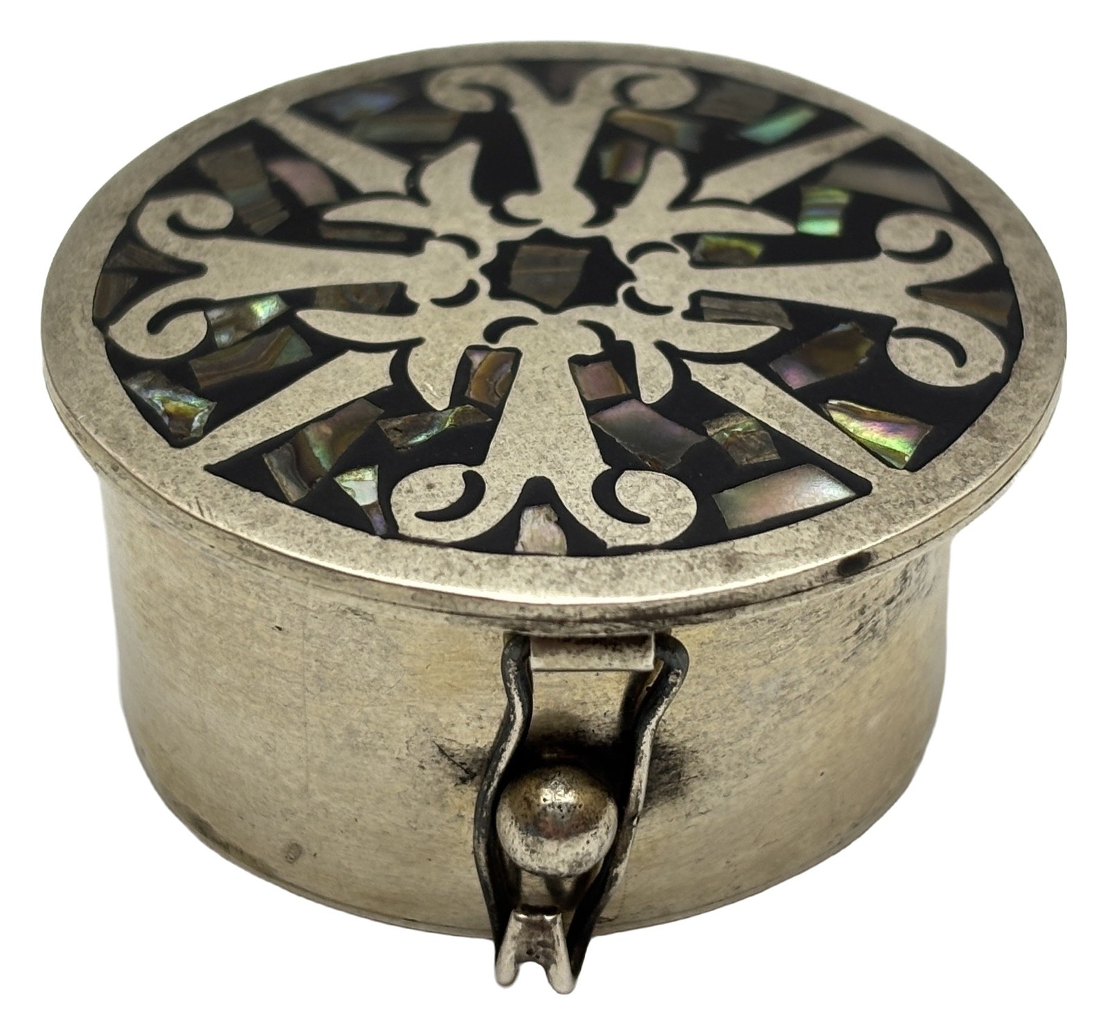 Vintage Mexican 925 Silver Pill Box Abalone Inlay Round Trinket Container