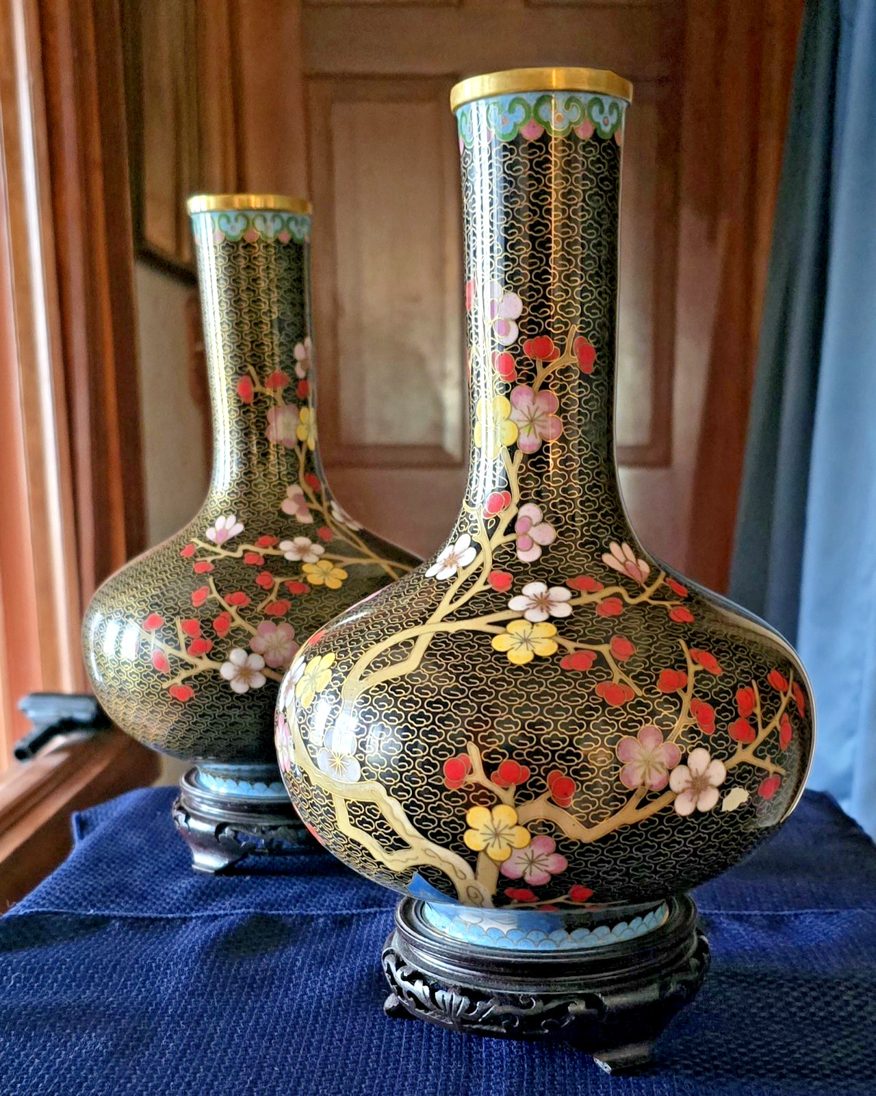 Chinese Cloisonne Enamel Vases Blossoms/Bluebirds w/Stands/Presentation Box 11 Chinese Cloisonne Enamel Vases Blossoms/Bluebirds w/Stands/Presentation Box 11